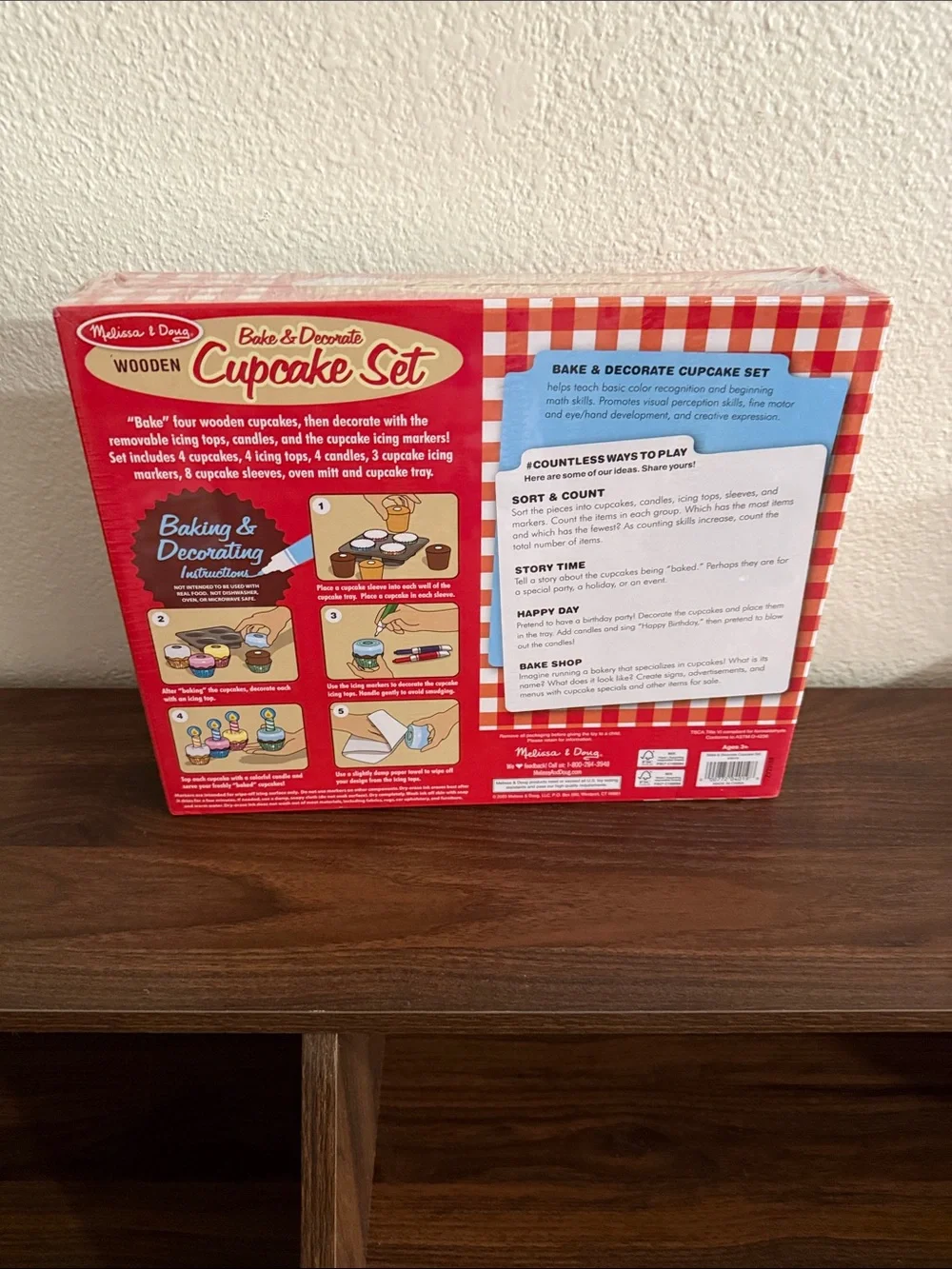 Melissa & Doug Wooden Bake & Decorate Cupcake Set - Red/Multicolor